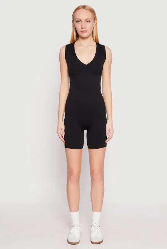 Ribbed Knit Sleeveless V Neck Romper sold by Rainbow