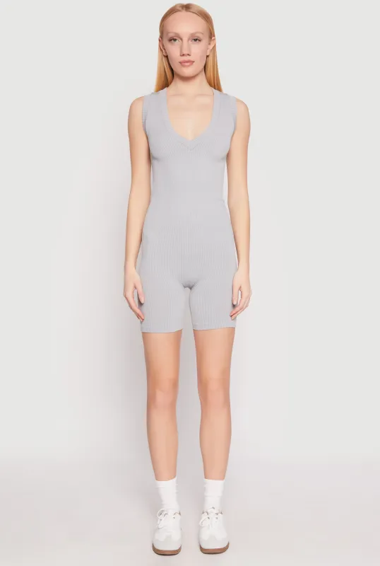 Ribbed Knit Sleeveless V Neck Romper sold by Rainbow