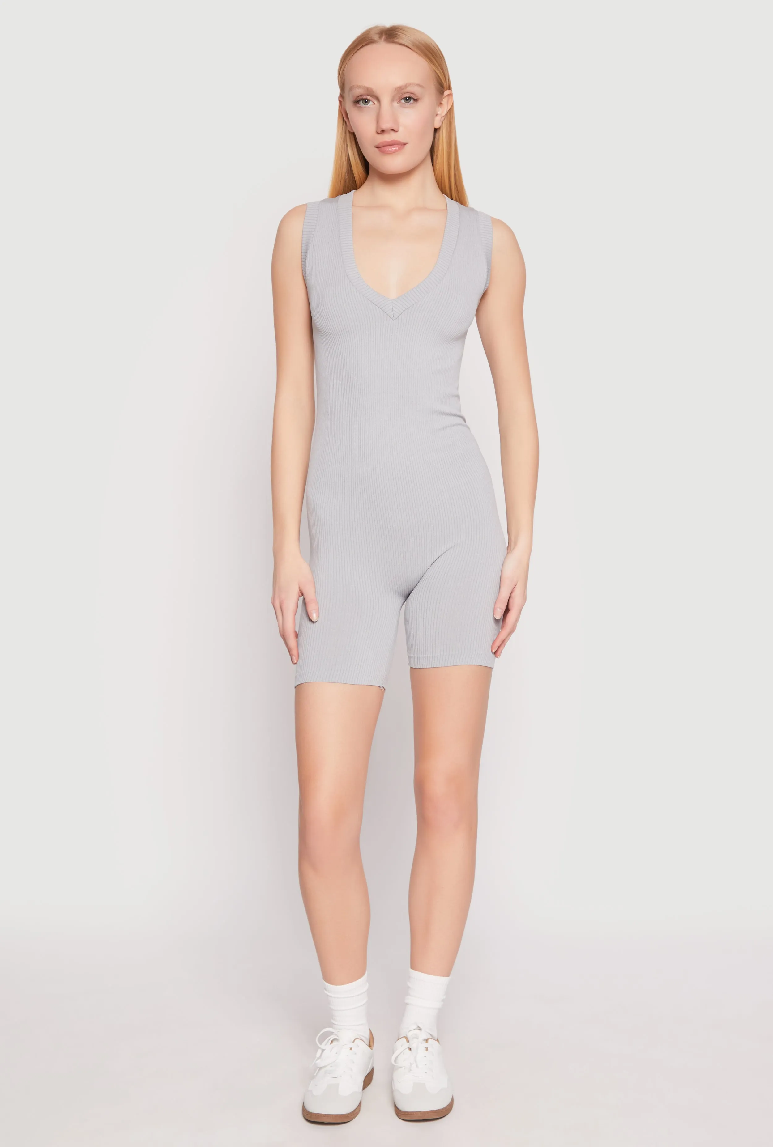 Ribbed Knit Sleeveless V Neck Romper sold by Rainbow product image thumbnail 2