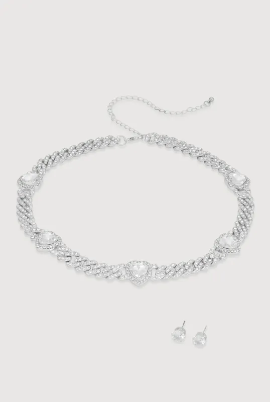Cubic Zirconia Heart Chain Necklace and Earrings sold by Rainbow