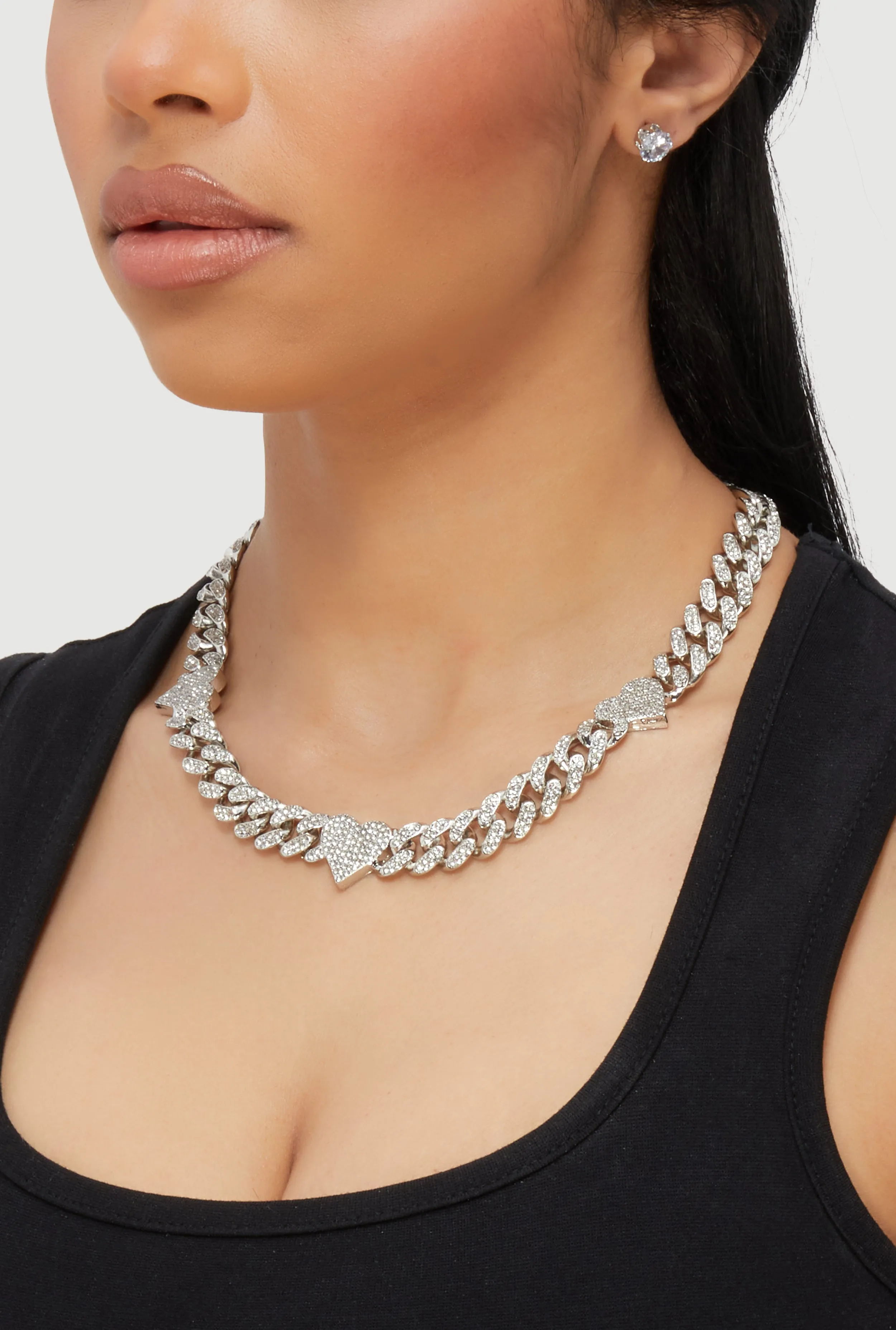Cubic Zirconia Heart Curb Chain Necklace with Stud Earrings sold by Rainbow product image thumbnail 2