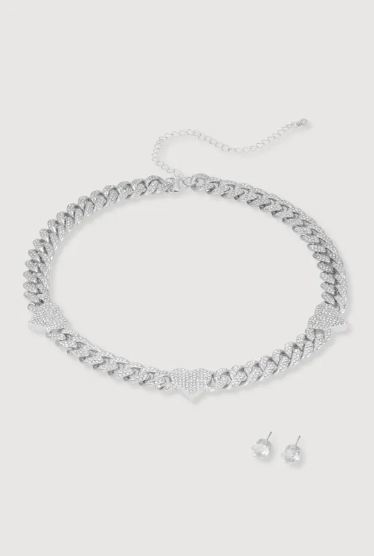 Cubic Zirconia Heart Curb Chain Necklace with Stud Earrings sold by Rainbow