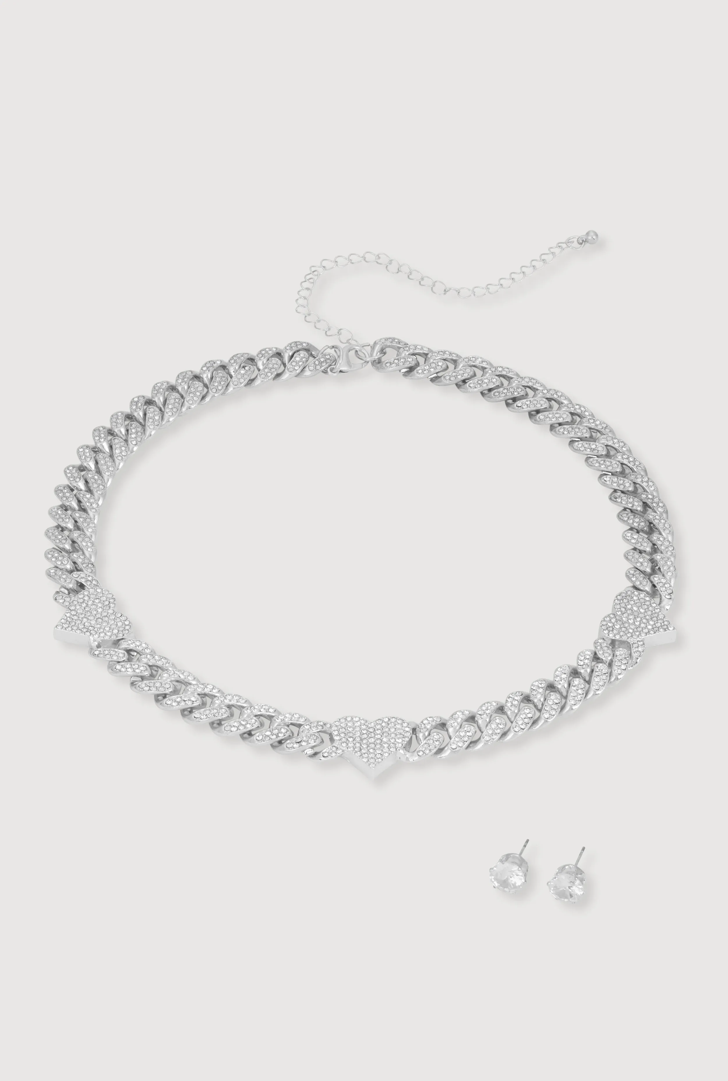 Cubic Zirconia Heart Curb Chain Necklace with Stud Earrings sold by Rainbow