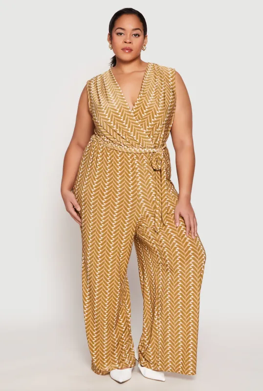 Plus Size Chevron Wide Leg Faux Wrap Jumpsuit sold by Rainbow