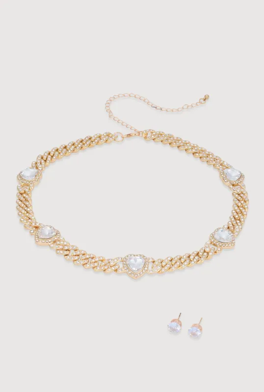 Cubic Zirconia Heart Chain Necklace and Earrings sold by Rainbow