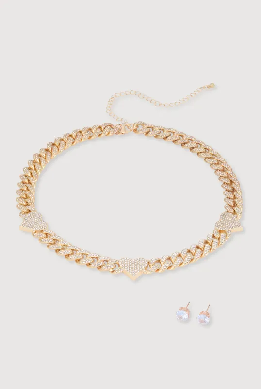 Cubic Zirconia Heart Curb Chain Necklace with Stud Earrings sold by Rainbow