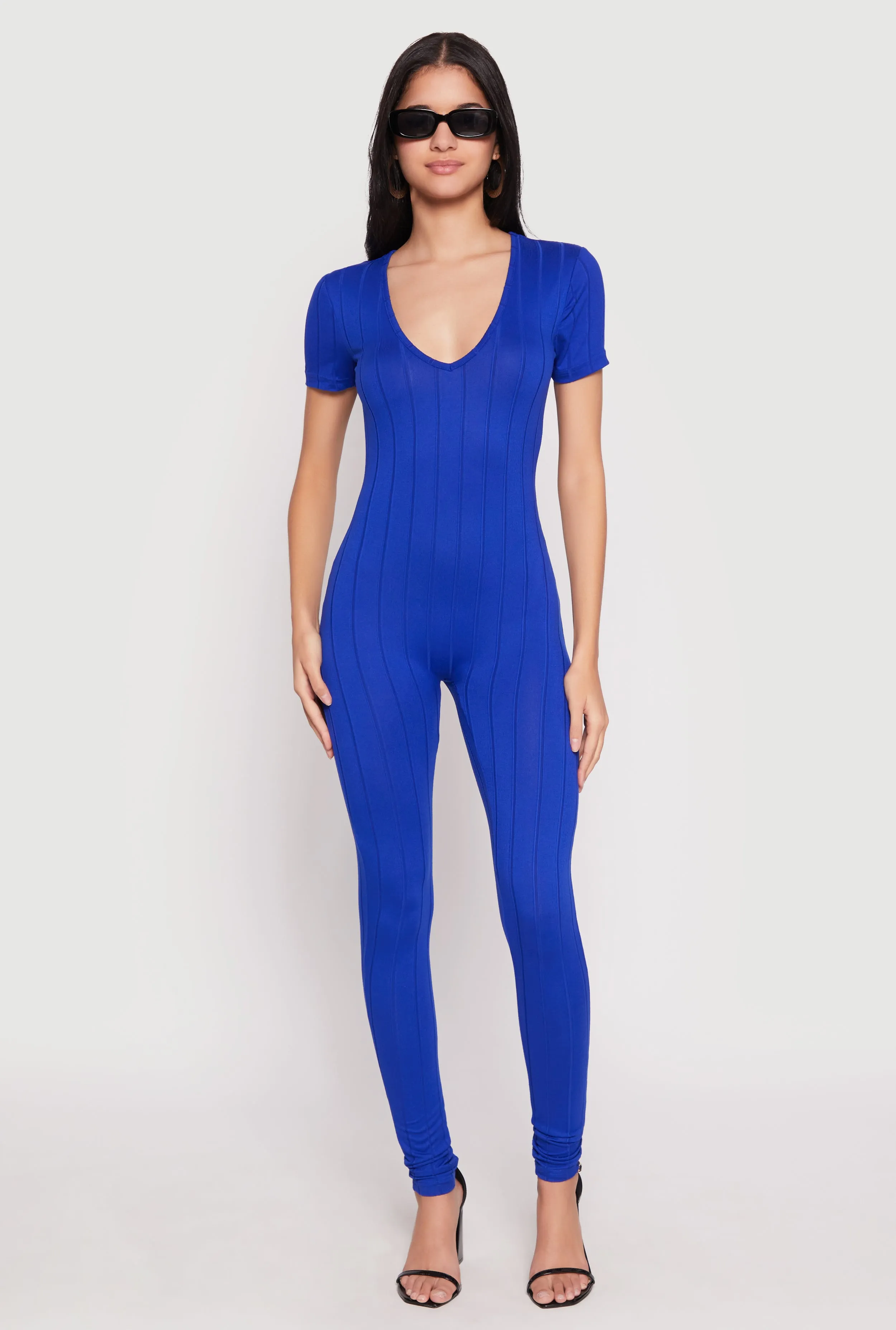 Ribbed Knit Short Sleeve V Neck Jumpsuit sold by Rainbow