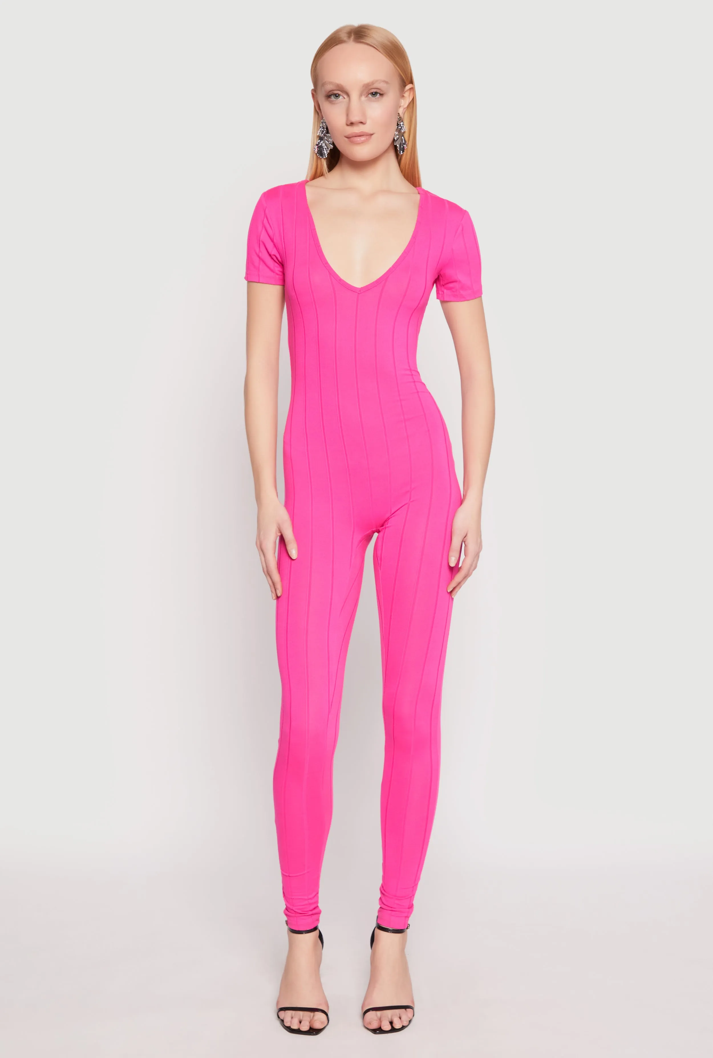 Ribbed Knit Short Sleeve V Neck Jumpsuit sold by Rainbow product image thumbnail 2