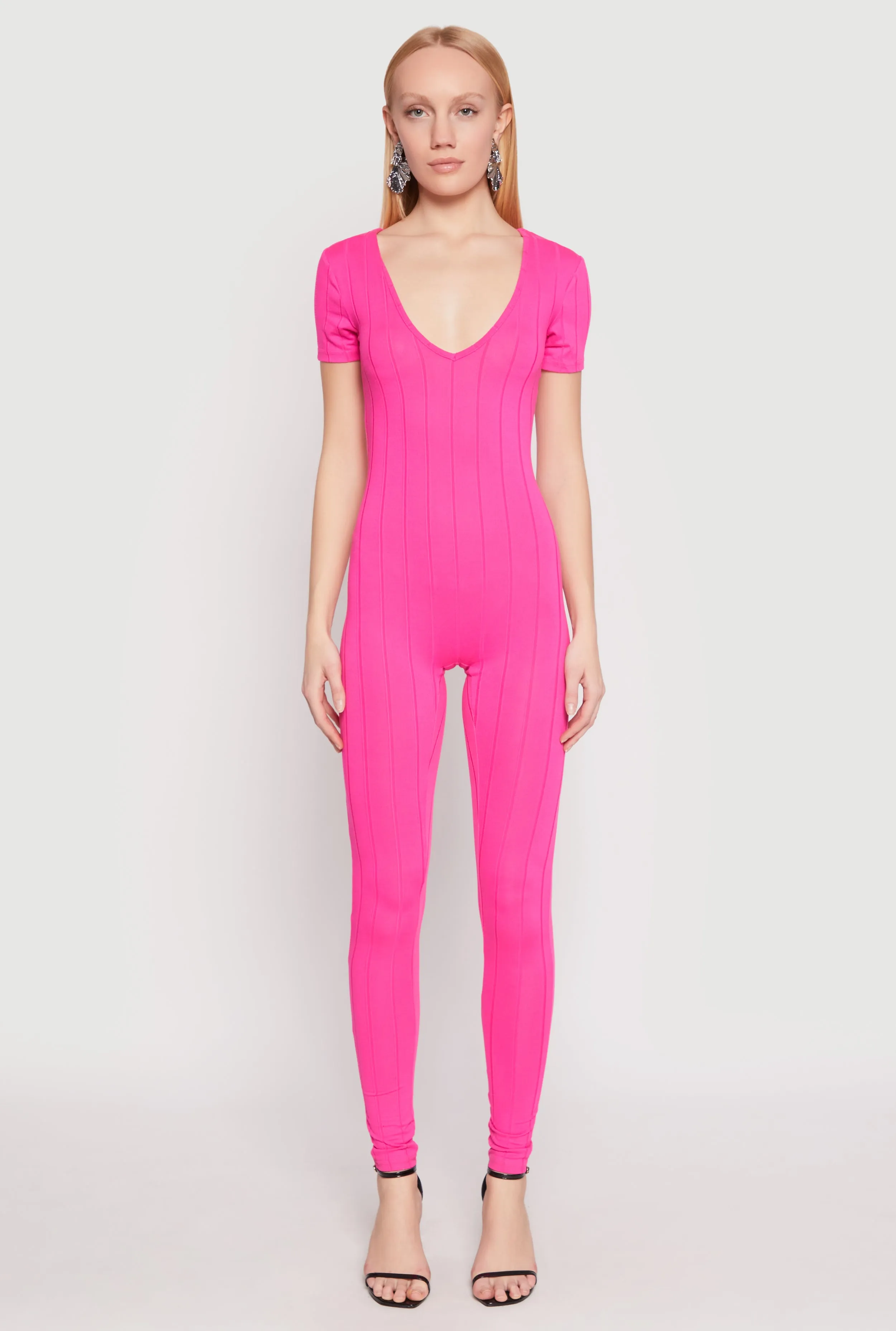 Ribbed Knit Short Sleeve V Neck Jumpsuit sold by Rainbow