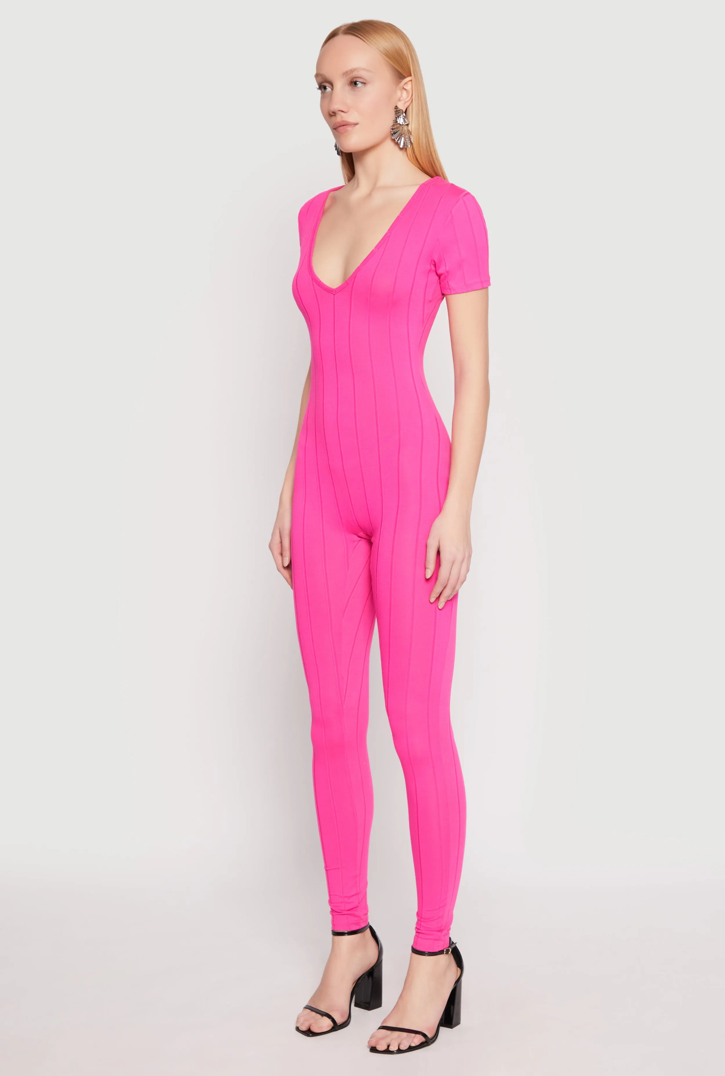 Ribbed Knit Short Sleeve V Neck Jumpsuit sold by Rainbow product image thumbnail 3