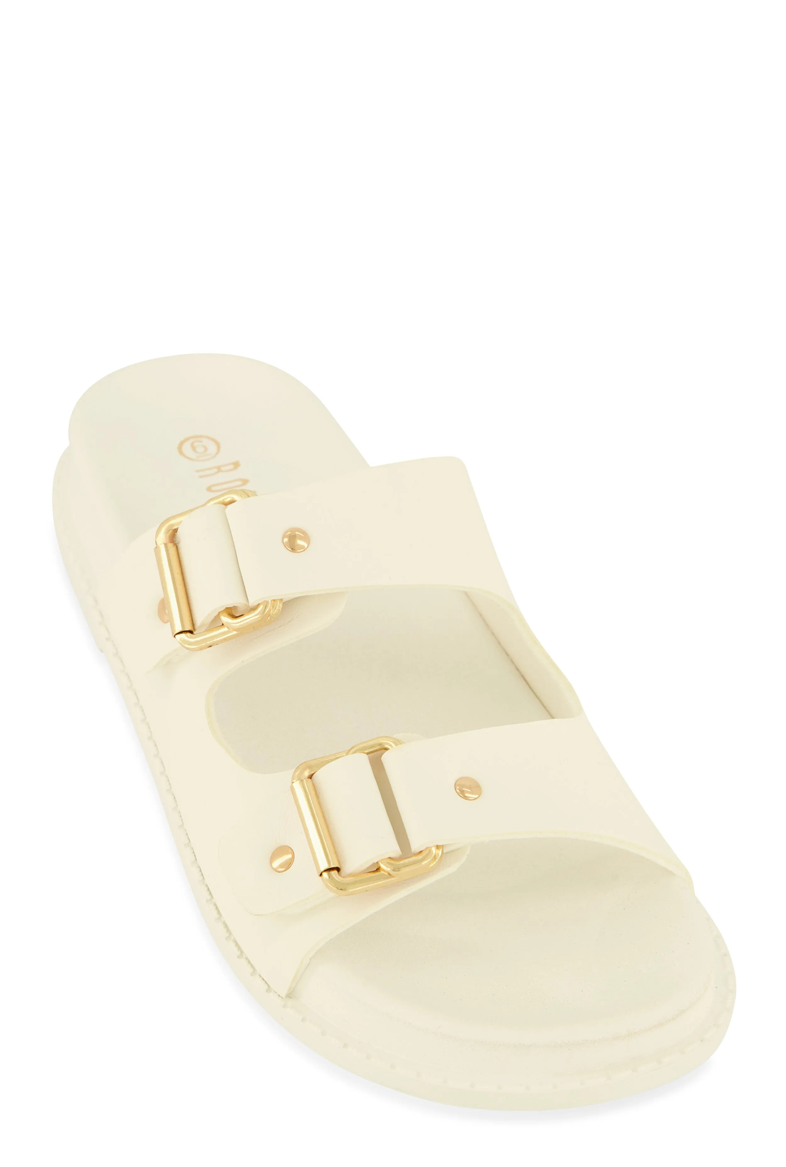 Buckle Detail Double Band Footbed Sandals sold by Rainbow