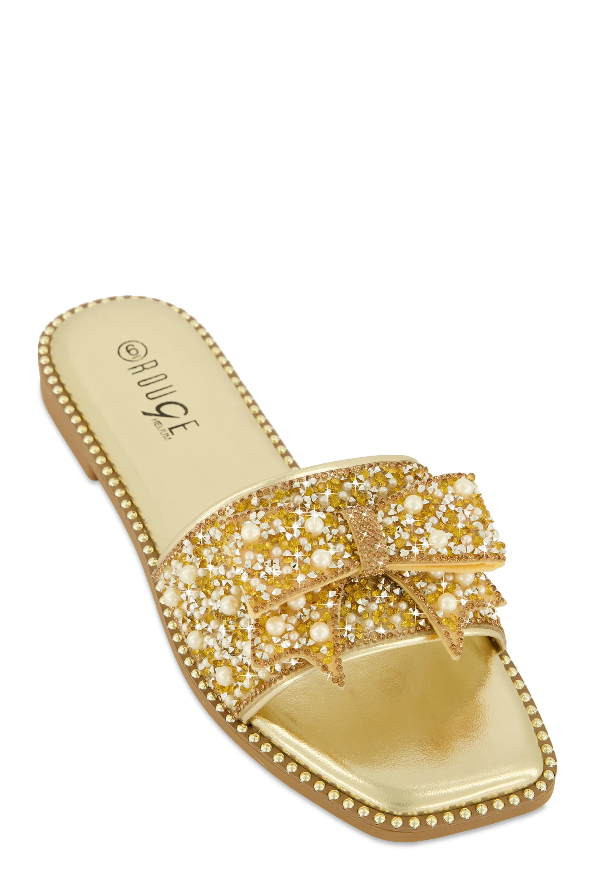 Studded Bow Band Slide Sandals sold by Rainbow