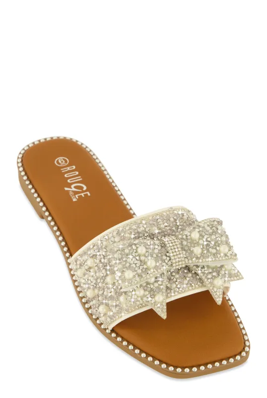 Studded Bow Band Slide Sandals sold by Rainbow