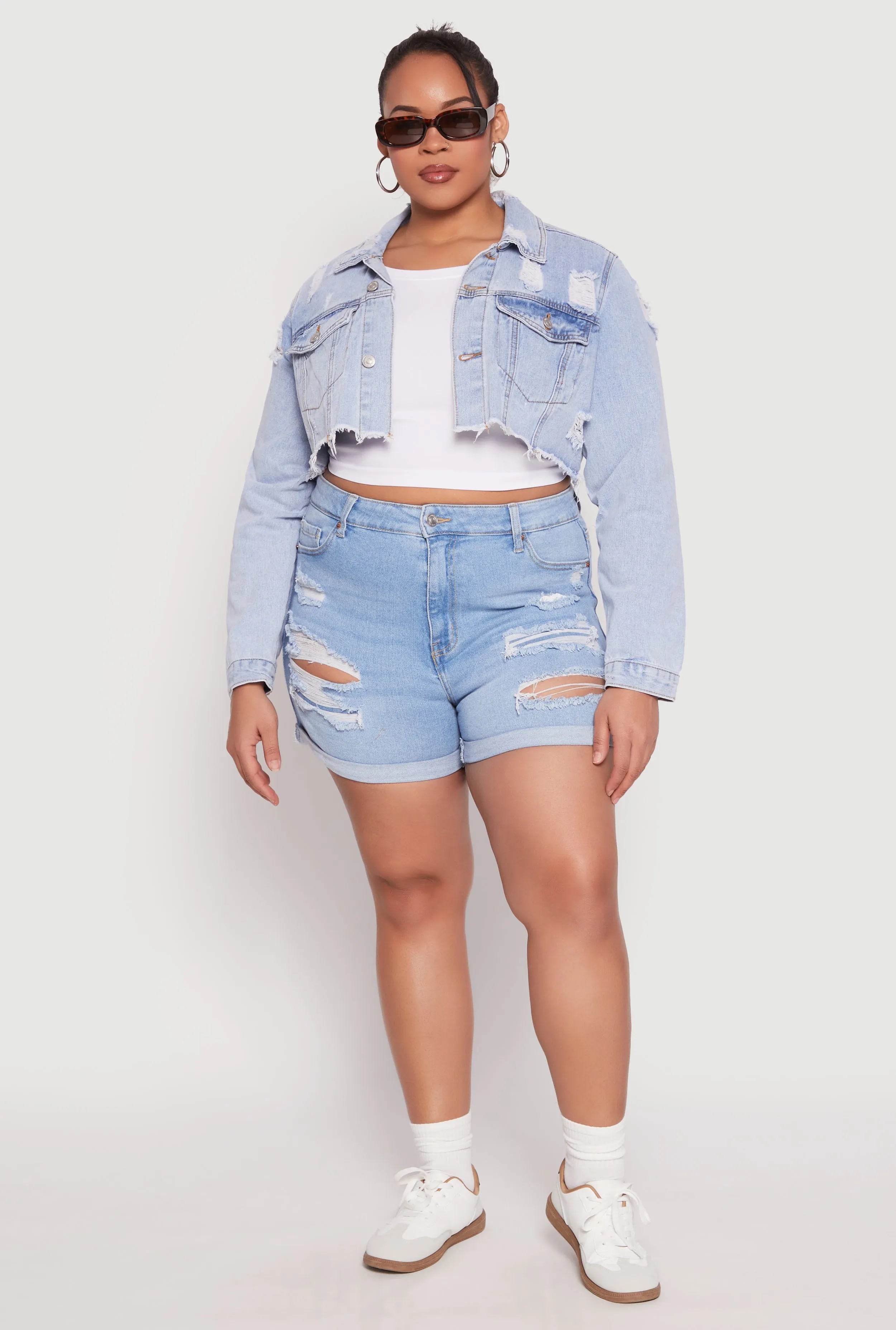 Plus Size Distressed Denim Jacket sold by Rainbow