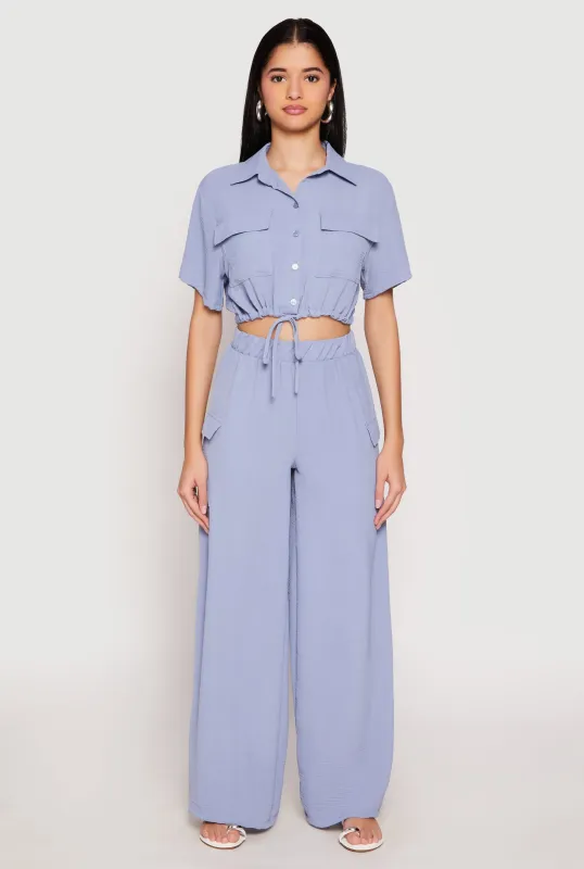 Crepe Knit Button Front Cropped Shirt and Wide Leg Pants sold by Rainbow