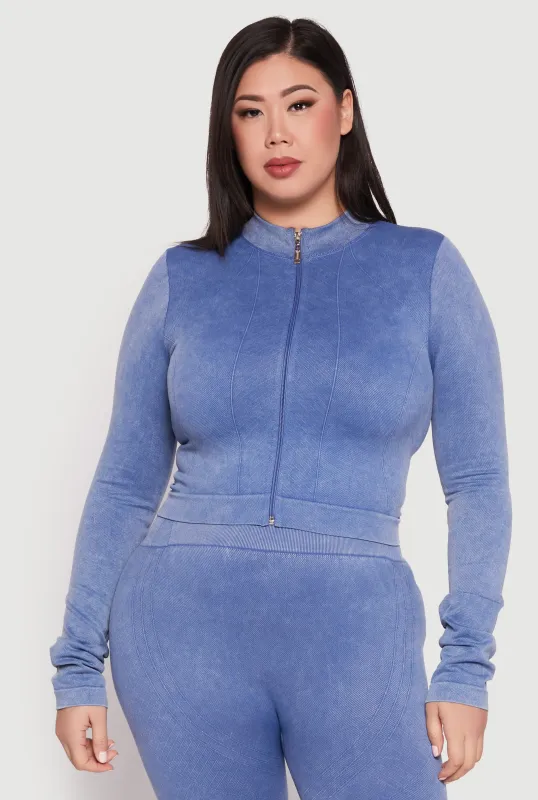 Plus Size Seamless Acid Wash Mock Neck Track Jacket sold by Rainbow