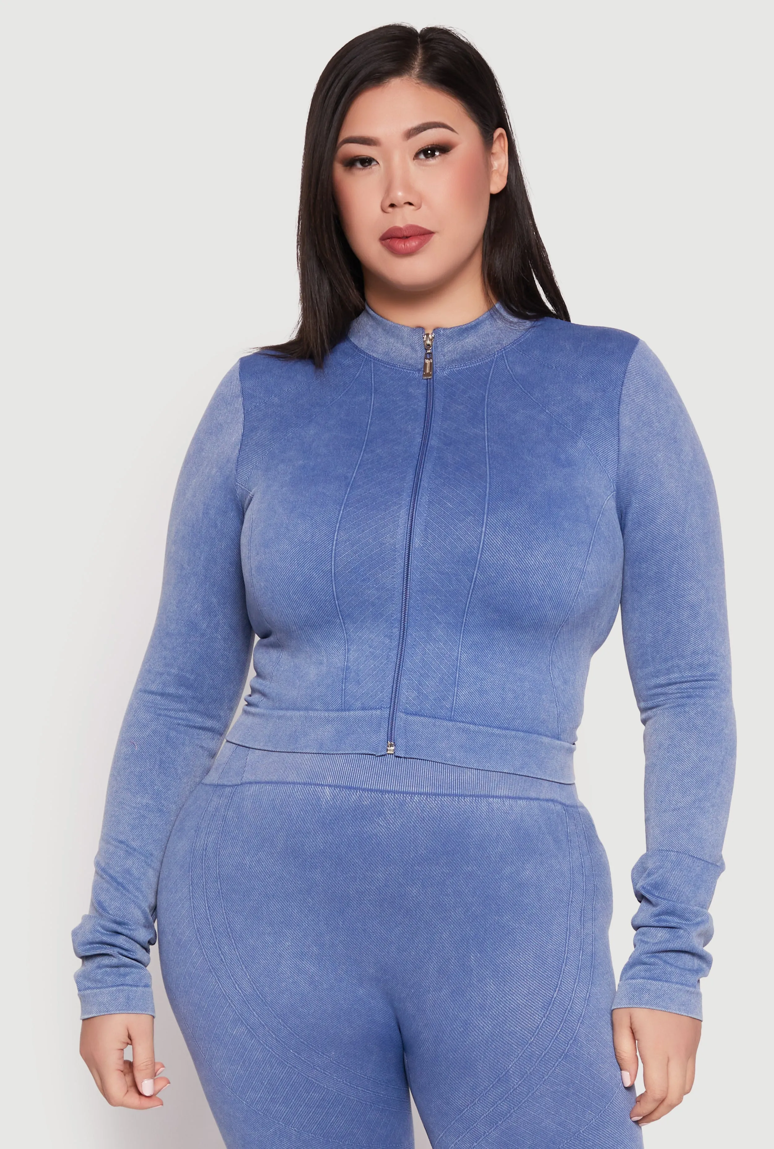 Plus Size Seamless Acid Wash Mock Neck Track Jacket sold by Rainbow