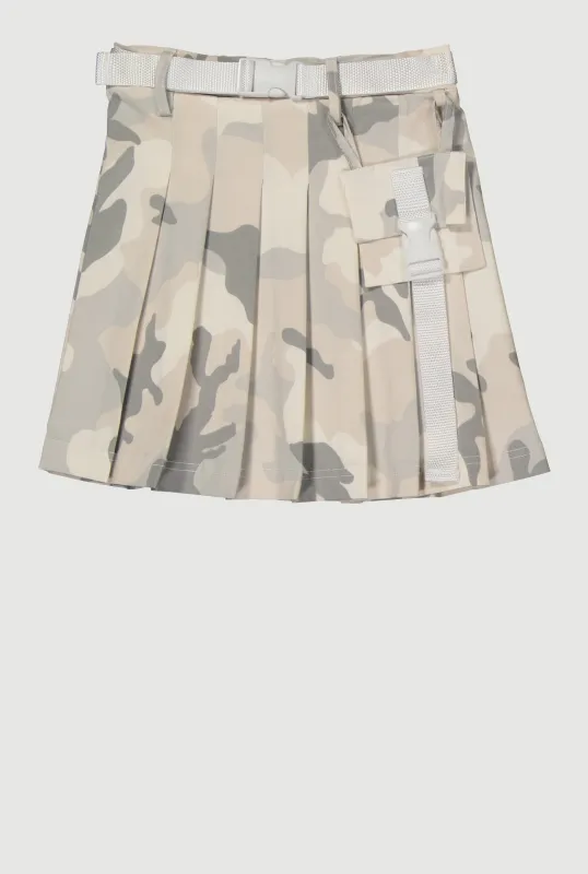 Girls Hyperstretch Belted Camo Pleated Skirt sold by Rainbow