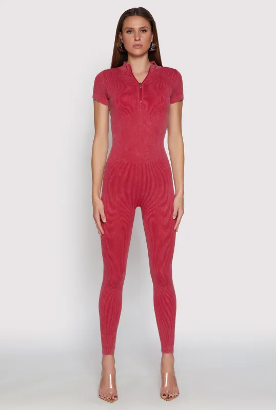 Mineral Wash Ribbed Knit Zip Front Catsuit sold by Rainbow