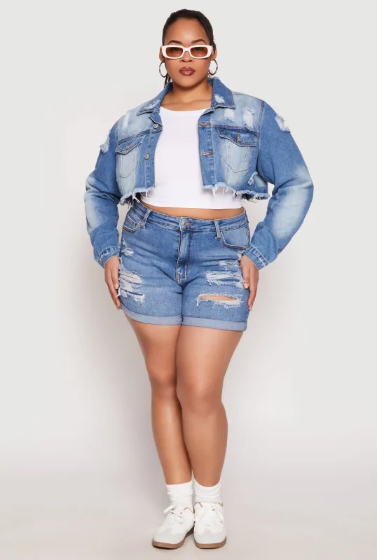 Plus Size Distressed Denim Jacket sold by Rainbow