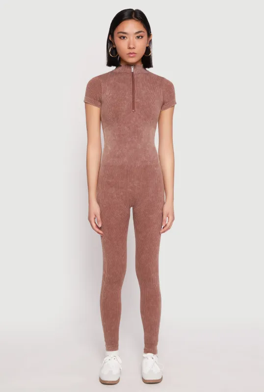 Mineral Wash Ribbed Knit Zip Front Catsuit sold by Rainbow