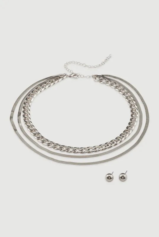 Layered Chain Link Herringbone Necklace and Earrings sold by Rainbow