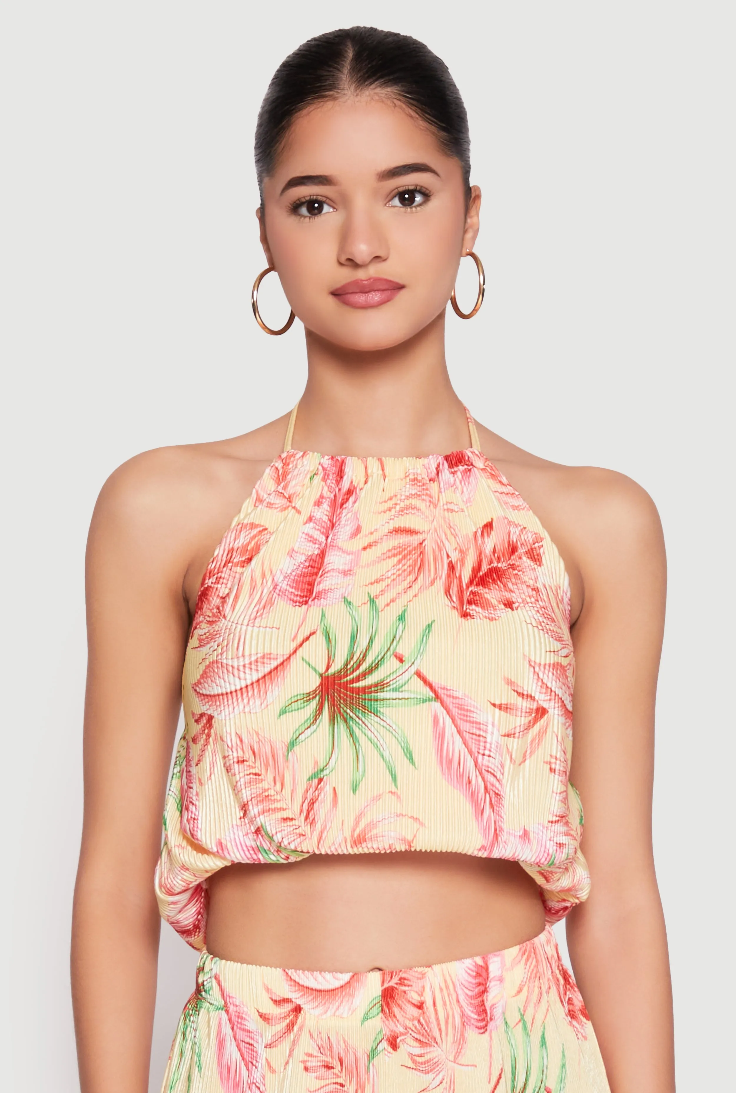 Almost Famous Plisse Tropical Print Halter Crop Top sold by Rainbow