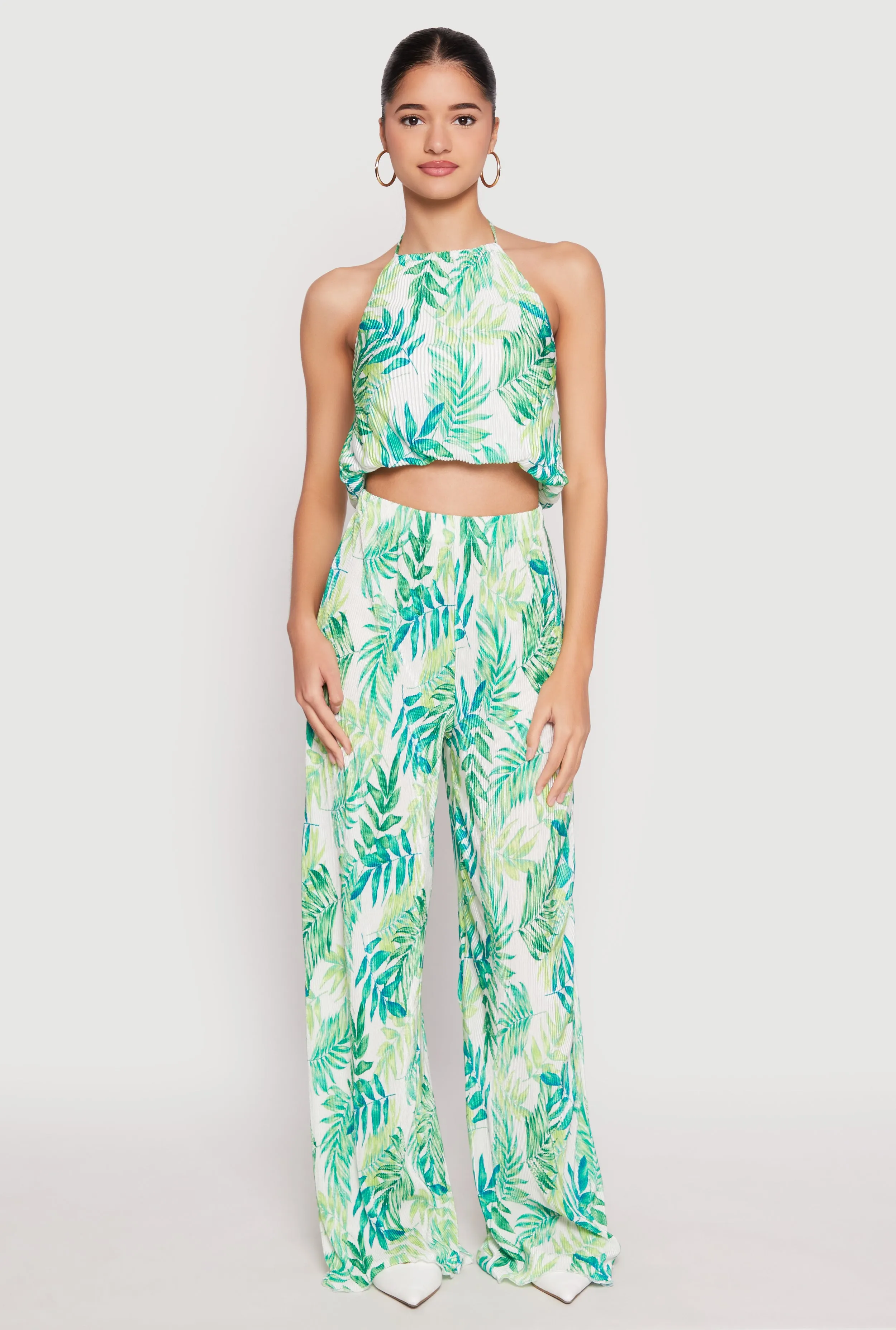Almost Famous Plisse Tropical Print Palazzo Pants sold by Rainbow