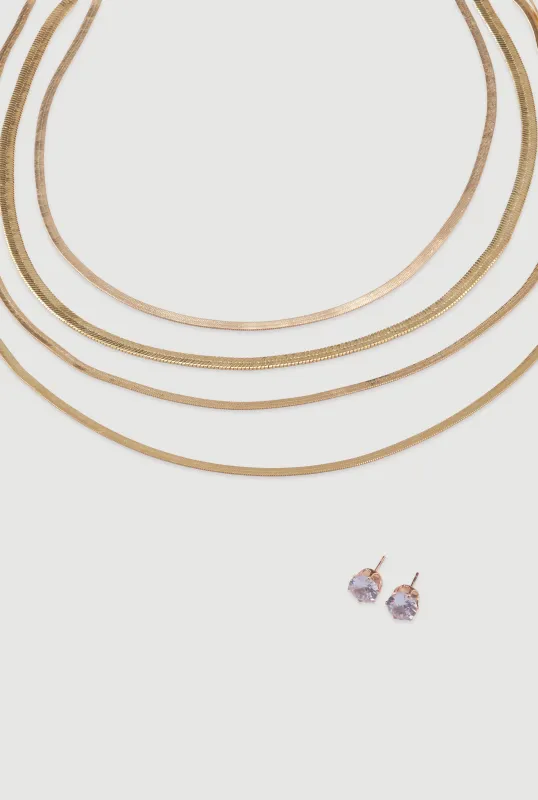 Layered Herringbone Necklace and Stud Earrings sold by Rainbow