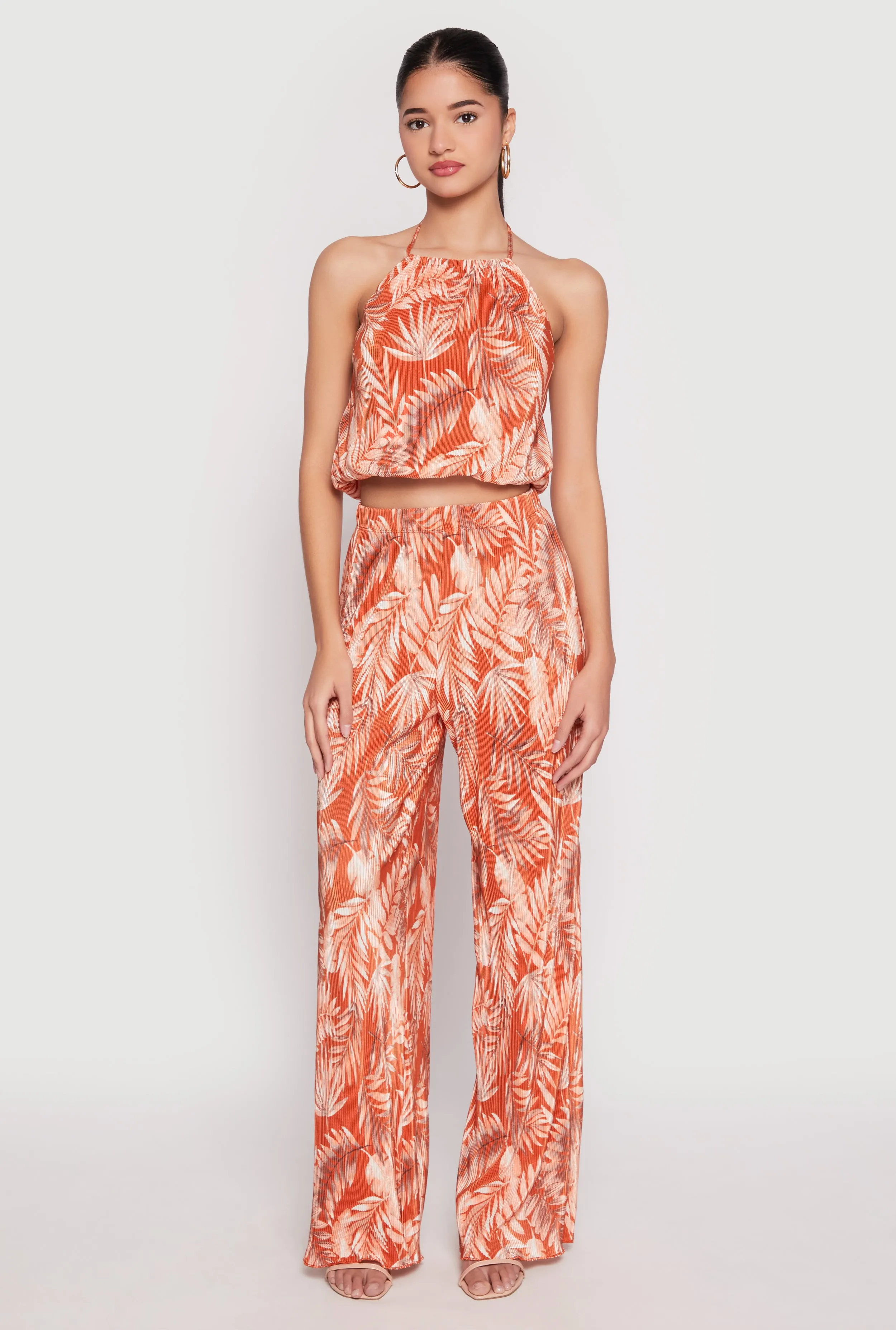 Almost Famous Plisse Tropical Print Palazzo Pants sold by Rainbow