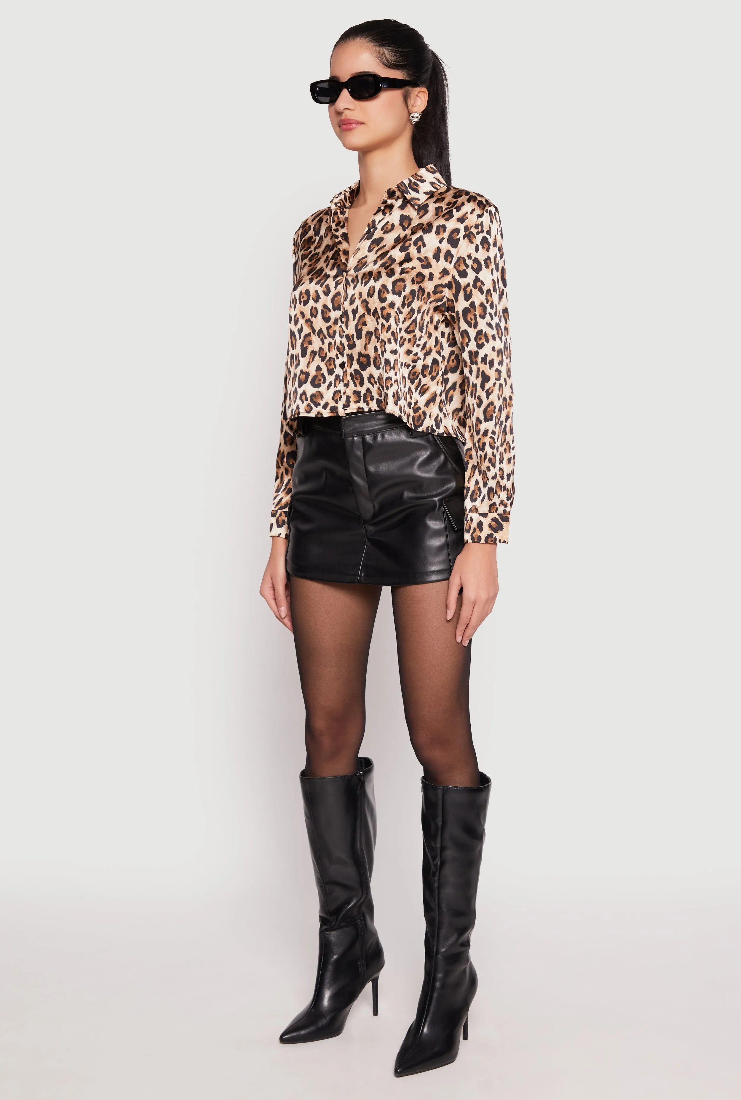 Satin Leopard Print Button Front Cropped Shirt sold by Rainbow product image thumbnail 3