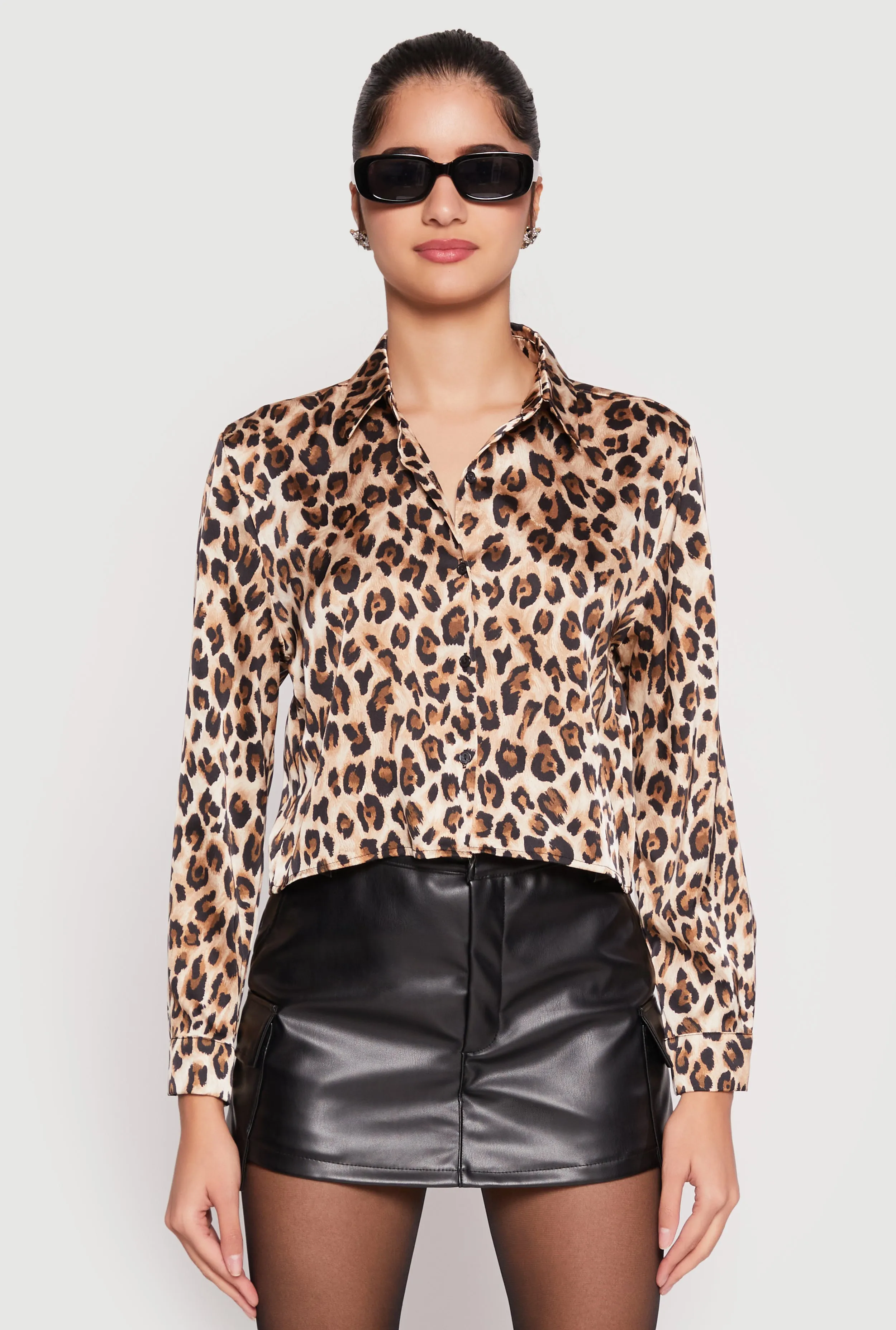 Satin Leopard Print Button Front Cropped Shirt sold by Rainbow product image thumbnail 2