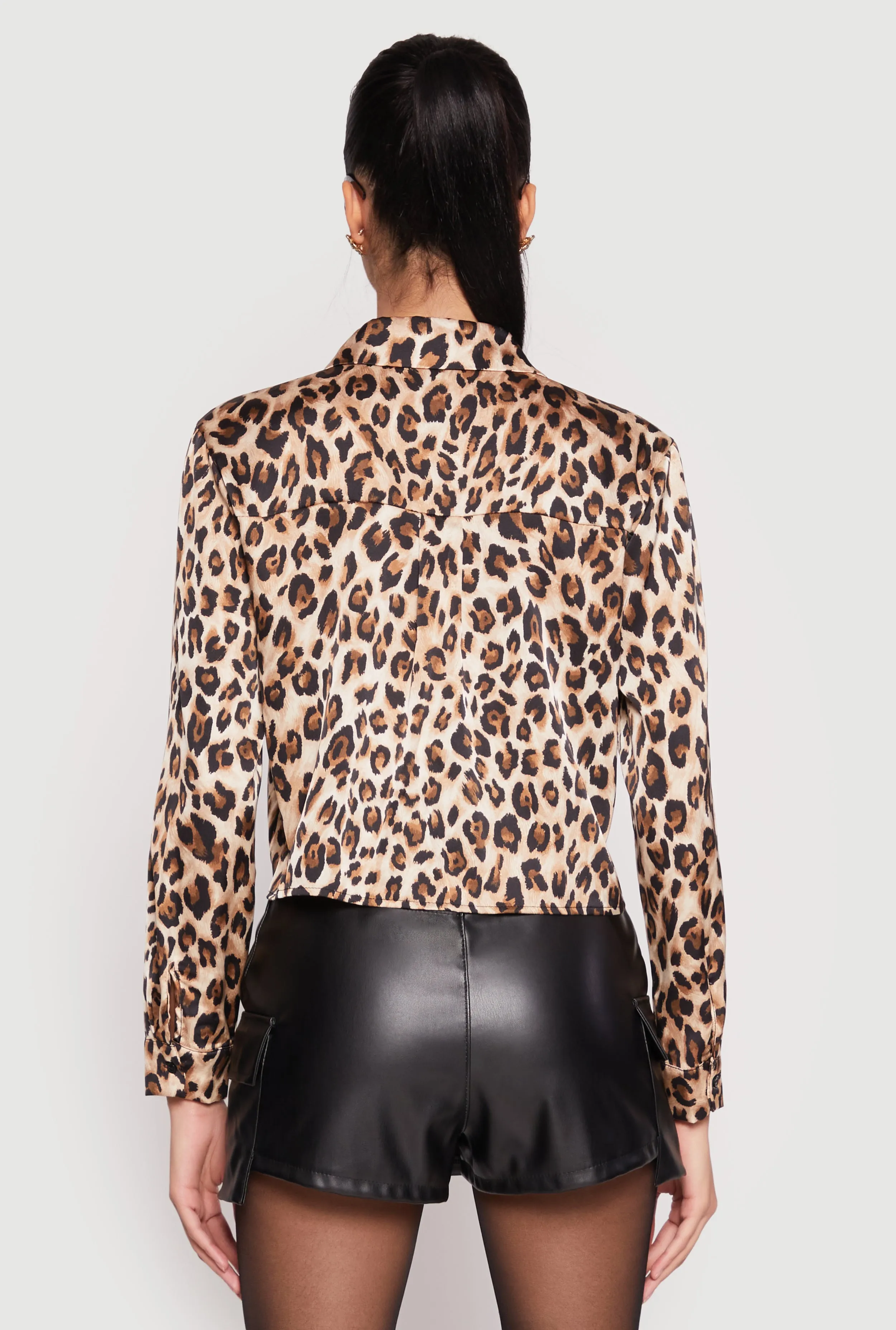 Satin Leopard Print Button Front Cropped Shirt sold by Rainbow product image thumbnail 5