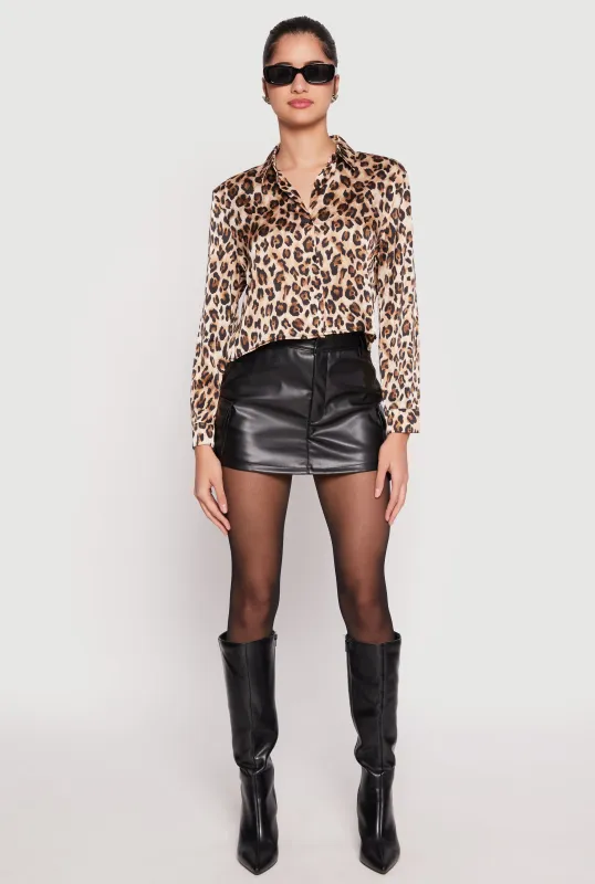 Satin Leopard Print Button Front Cropped Shirt sold by Rainbow
