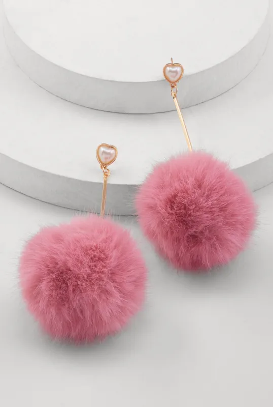 Faux Pearl Heart Pom Pom Drop Earrings sold by Rainbow