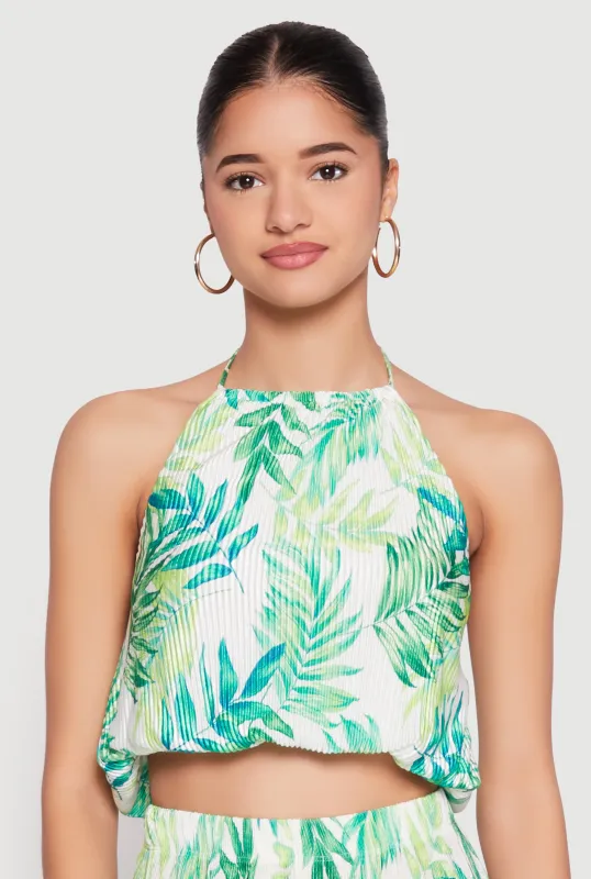 Almost Famous Plisse Tropical Print Cropped Halter Top sold by Rainbow