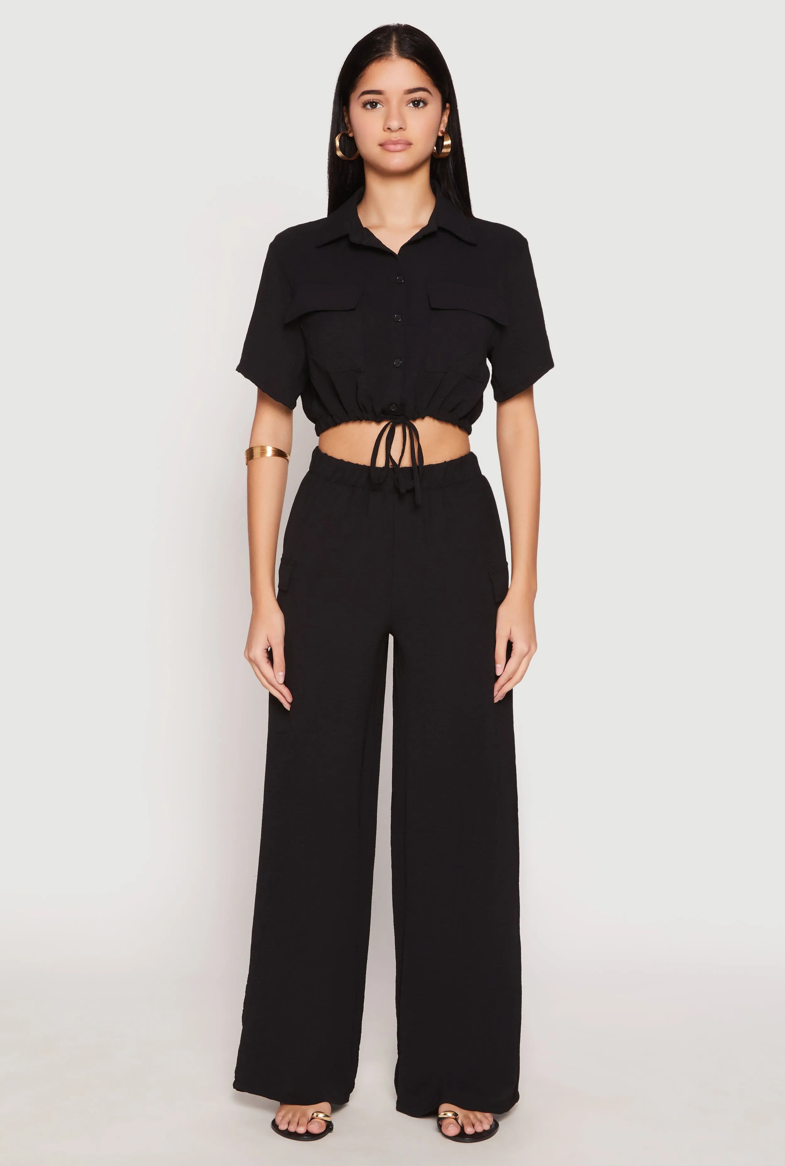 Crepe Knit Button Front Cropped Shirt and Wide Leg Pants sold by Rainbow