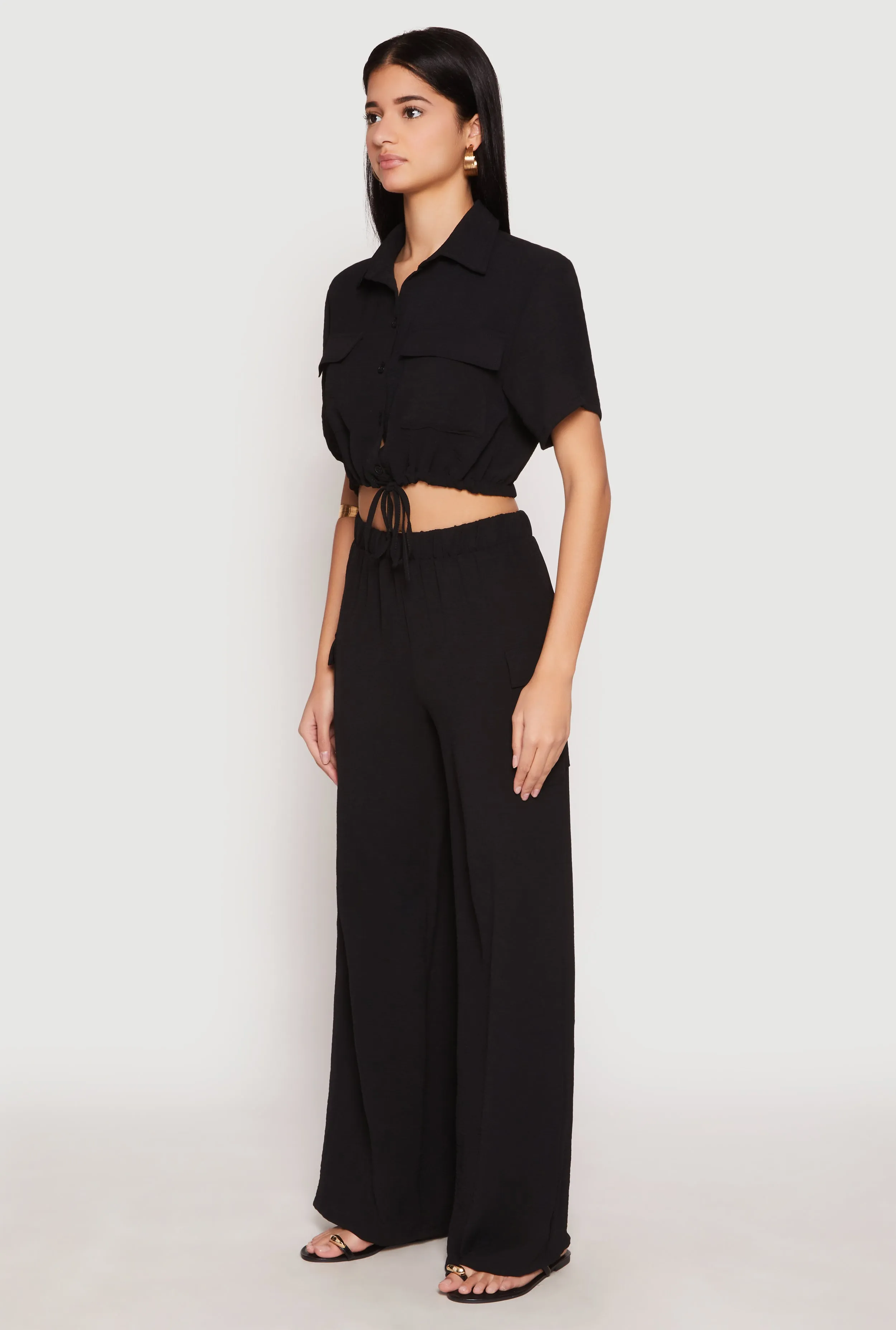 Crepe Knit Button Front Cropped Shirt and Wide Leg Pants sold by Rainbow product image thumbnail 2