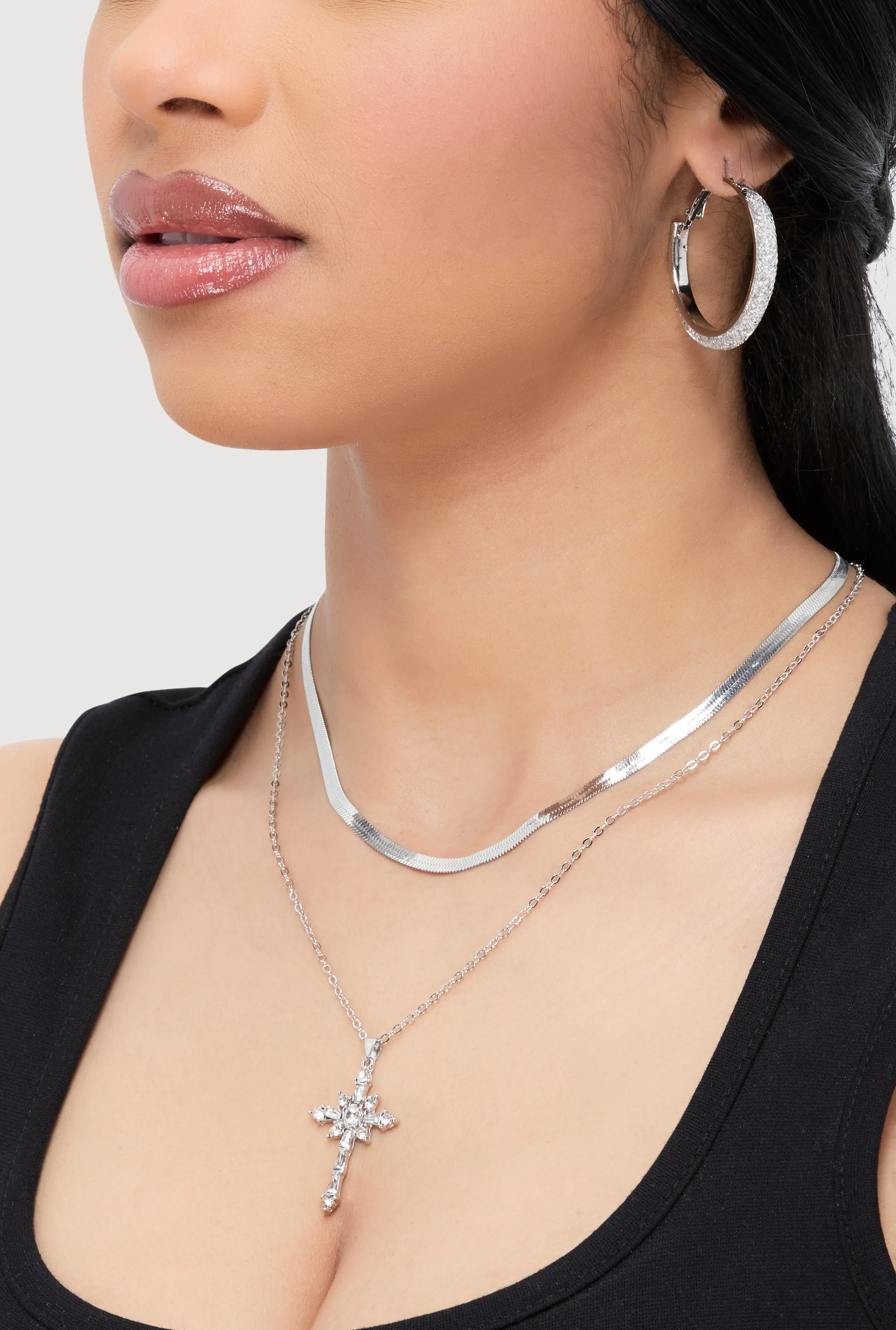 Cubic Zirconia Cross Charm Layered Necklace with Hoop Earrings sold by Rainbow product image thumbnail 2