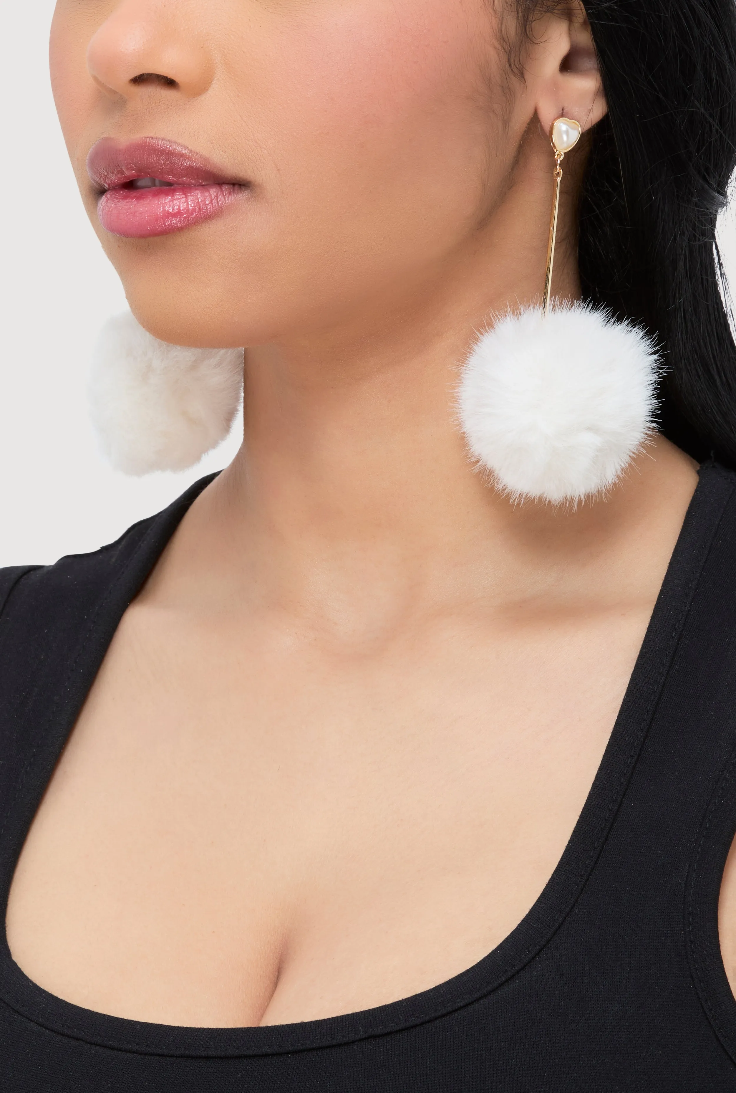Faux Pearl Heart Pom Pom Drop Earrings sold by Rainbow product image thumbnail 2