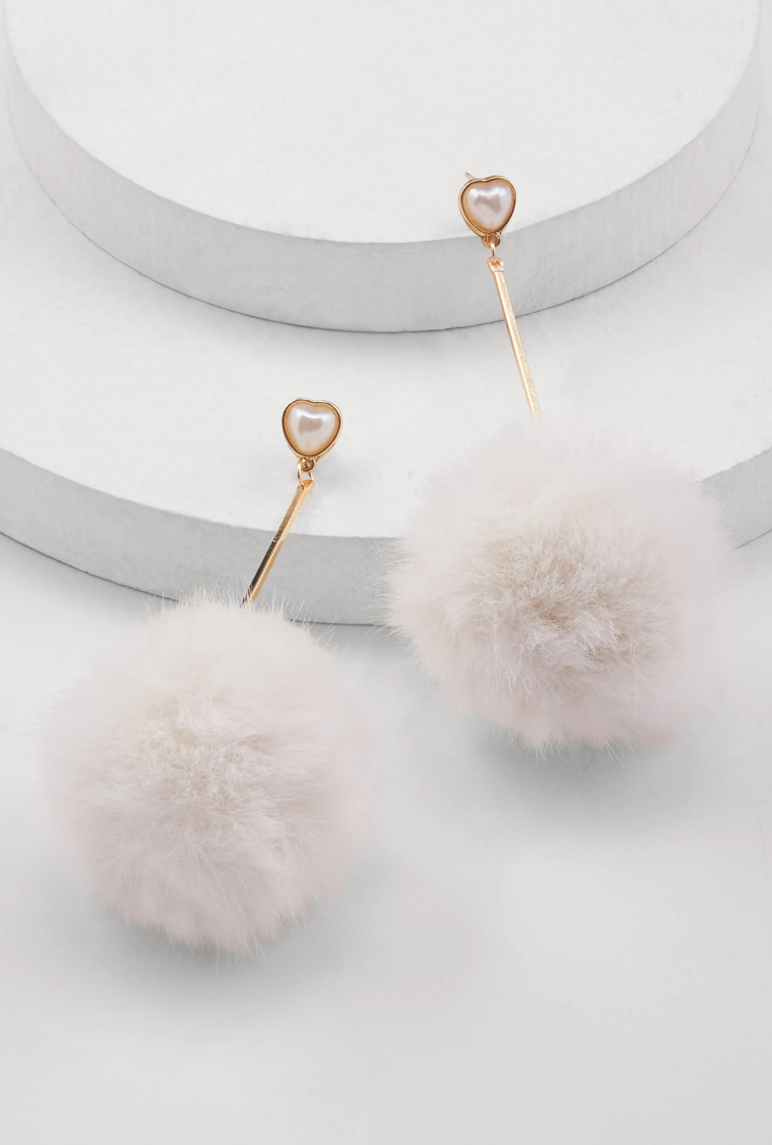 Faux Pearl Heart Pom Pom Drop Earrings sold by Rainbow