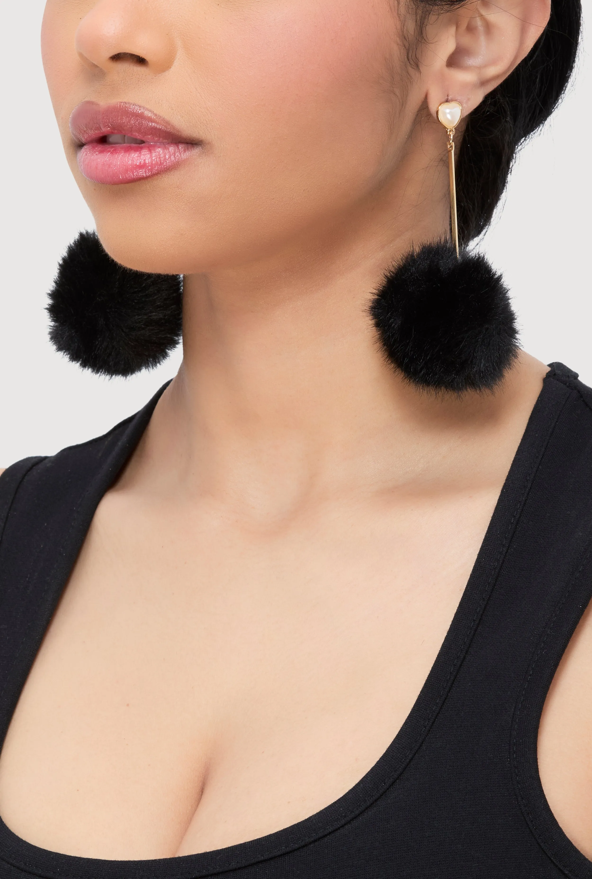 Faux Pearl Heart Pom Pom Drop Earrings sold by Rainbow product image thumbnail 2