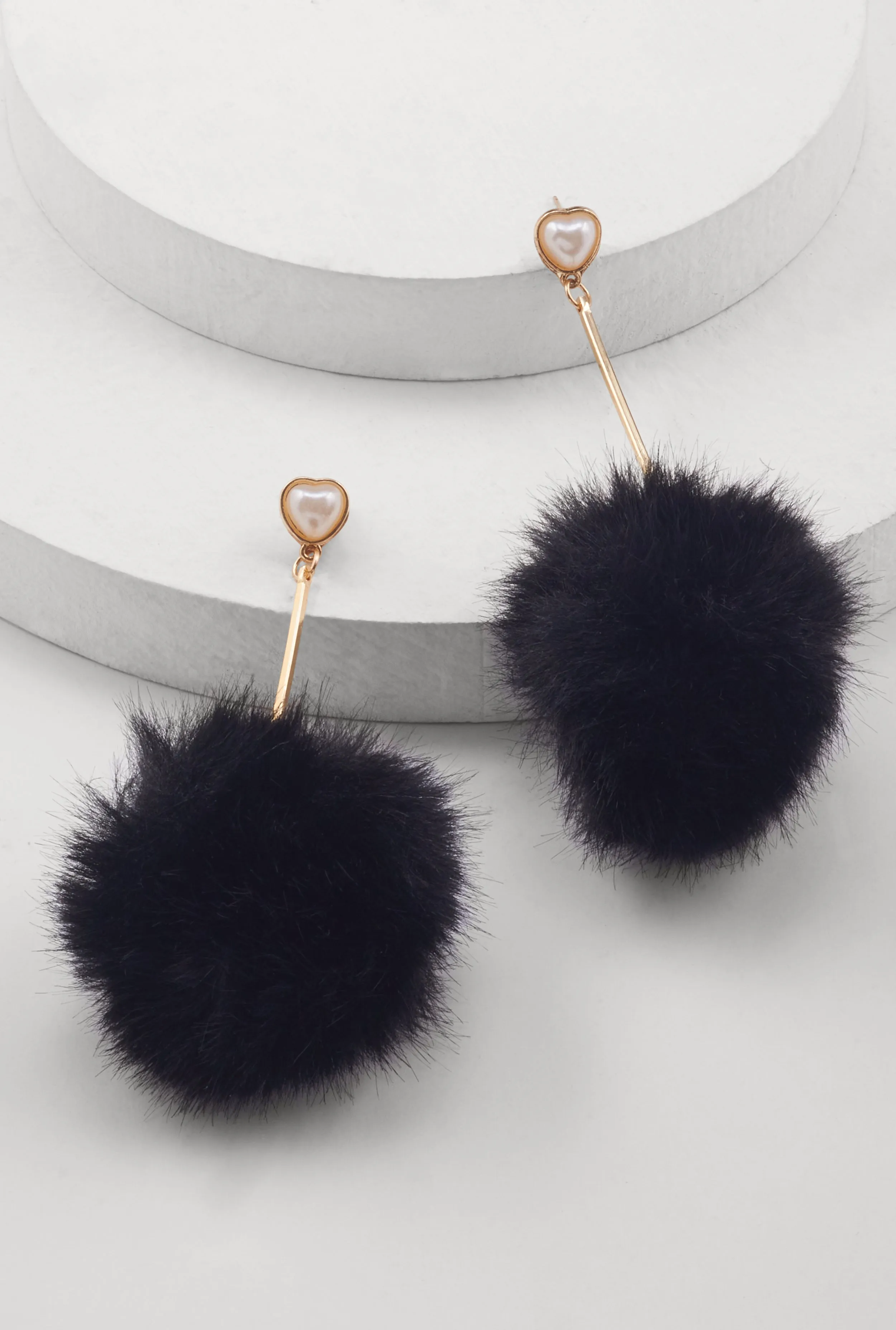 Faux Pearl Heart Pom Pom Drop Earrings sold by Rainbow