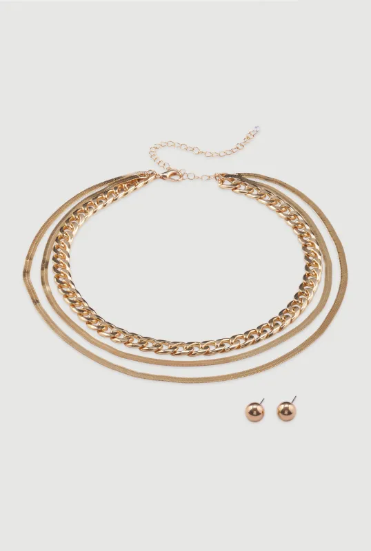 Layered Chain Link Herringbone Necklace and Earrings sold by Rainbow