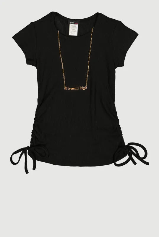 Little Girls Ribbed Knit Ruched Side Top with Necklace sold by Rainbow
