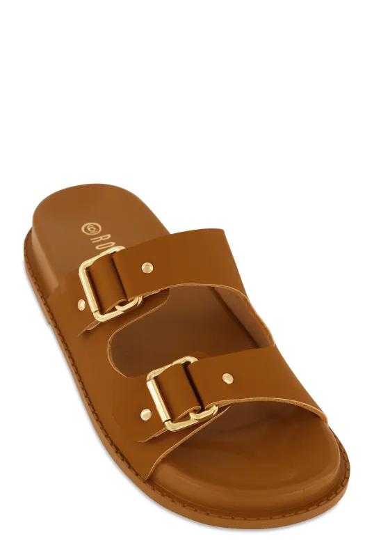 Buckle Detail Double Band Footbed Sandals sold by Rainbow