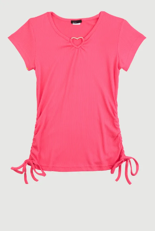 Girls Ribbed Knit Heart Keyhole T Shirt sold by Rainbow