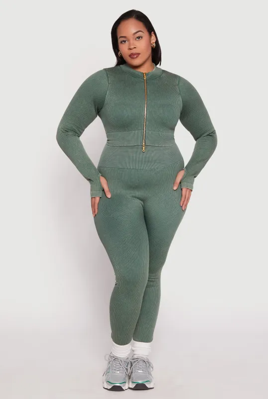 Plus Size Daisy Compression Rib Acid Wash Leggings sold by Rainbow