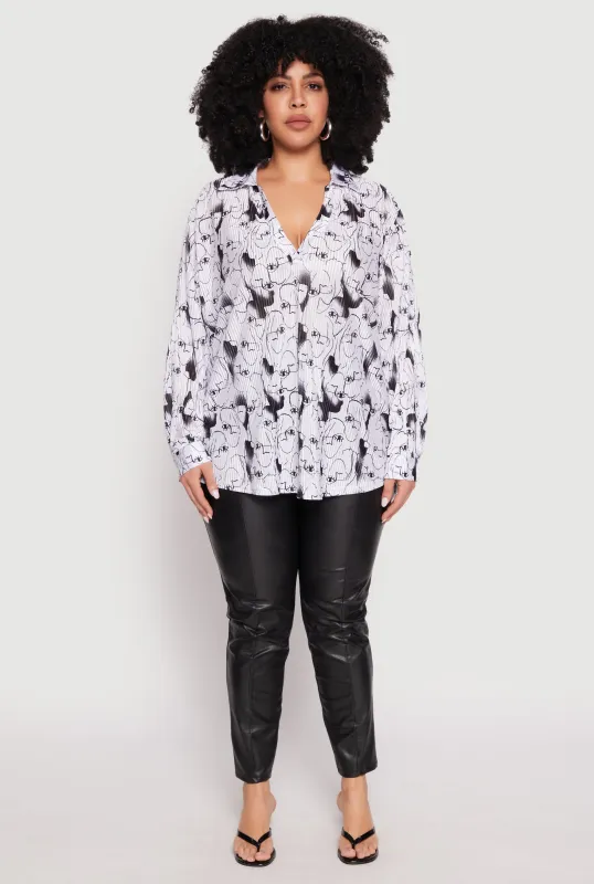 Plus Size Plisse Face Print Johnny Collar Shirt sold by Rainbow