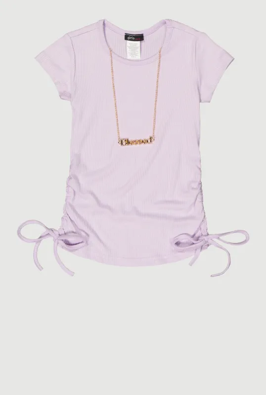 Little Girls Ribbed Knit Ruched Side Top with Necklace sold by Rainbow